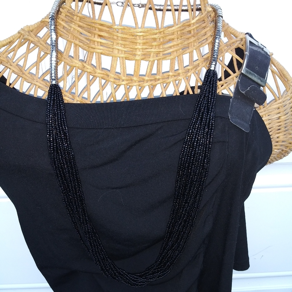Black bead and silver long necklace